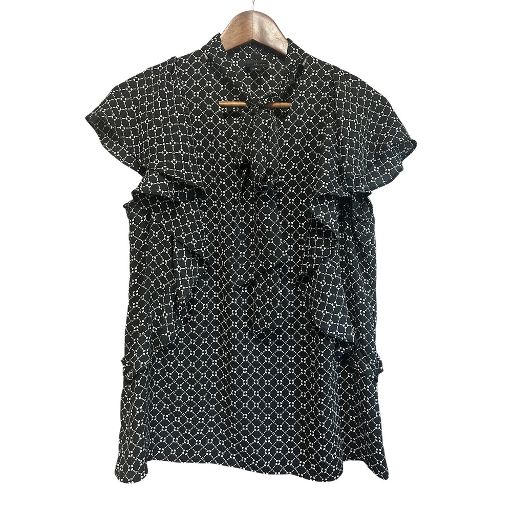 Worthington Women's Black & White Print Ruffle Cap Sleeve Tie Neck Blouse Top